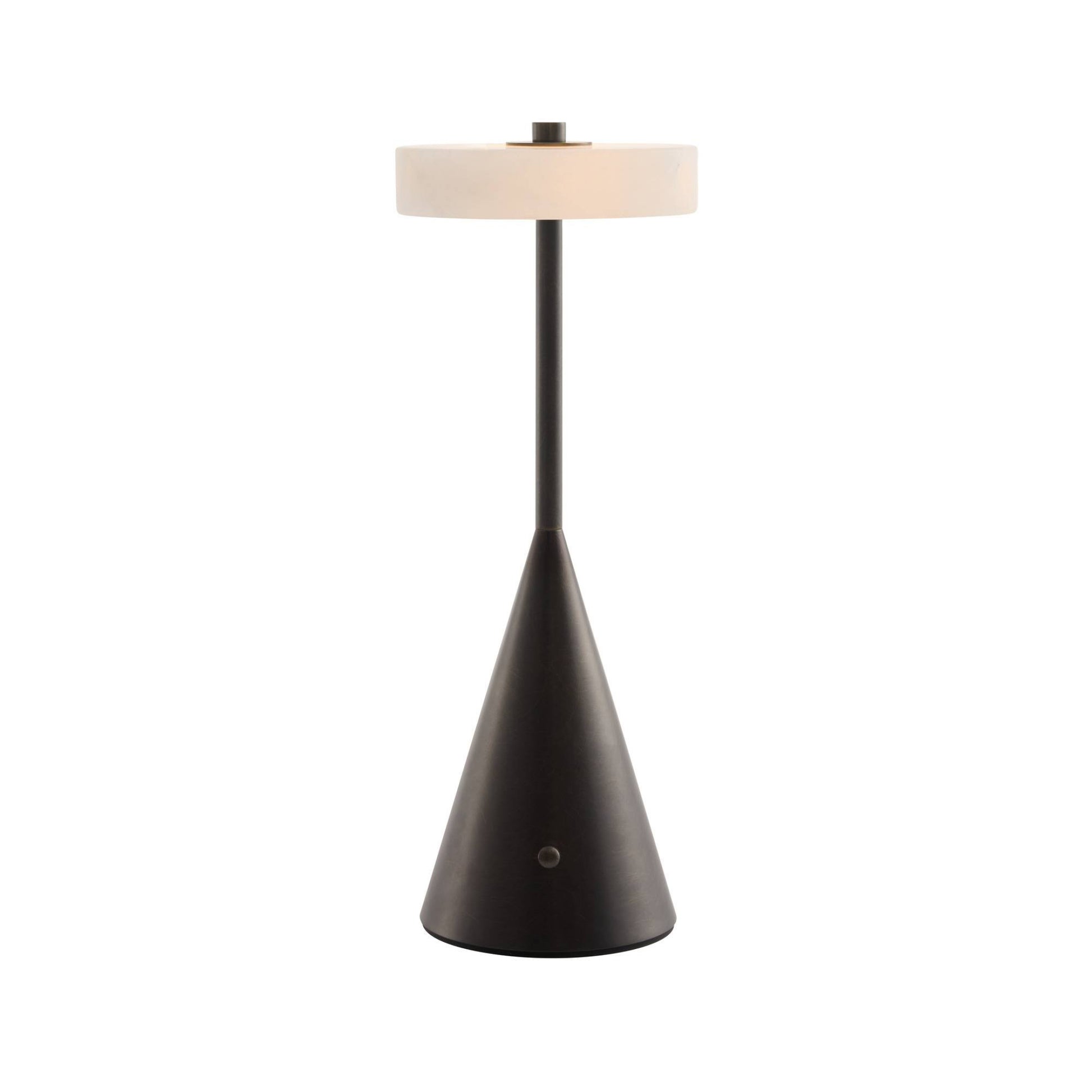 Modern black table lamp with a white shade on a white background