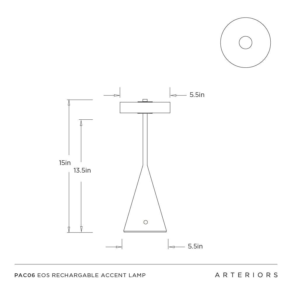 Technical drawing of a PACO6 EOS rechargeable accent lamp with dimensions and Arteriors branding.
