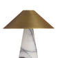 A modern table lamp with a brushed brass conical shade and a white marble base with gray veining, shown against a plain white background.