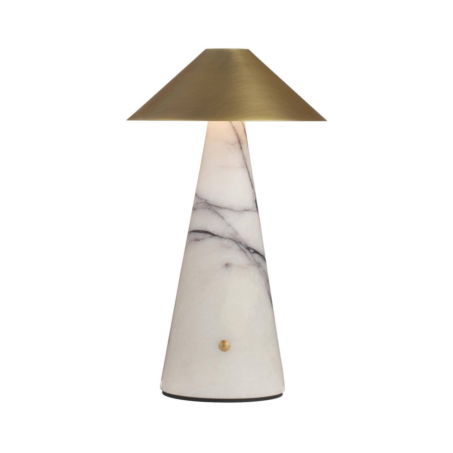 Table lamp with marble base and gold shade on a white background
