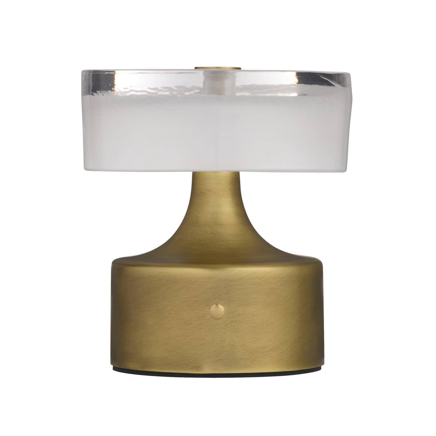 Table lamp with gold base and white shade on a white background