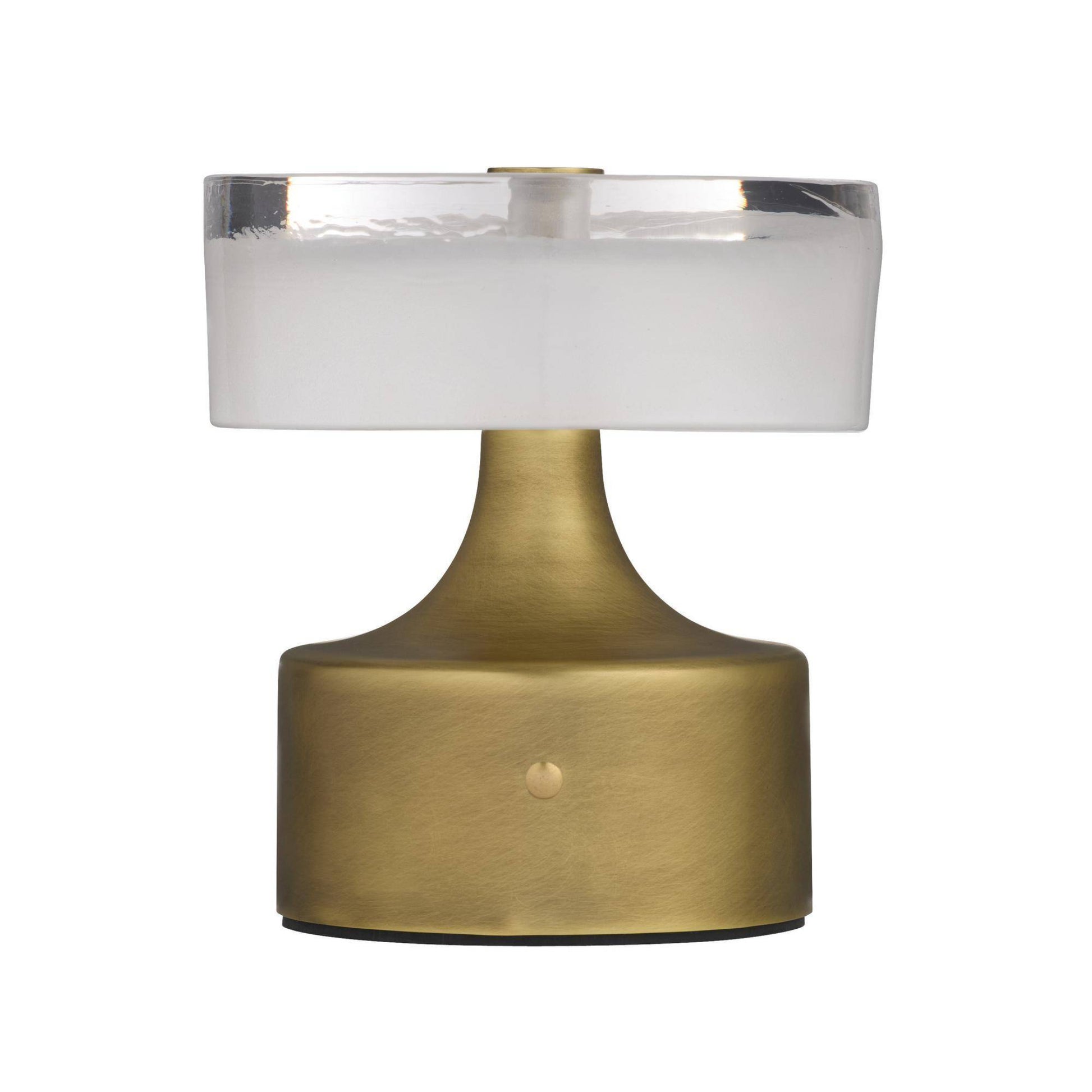 Table lamp with gold base and white shade on a white background