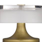 Close-up of a table lamp with a gold base and clear glass shade on a white background