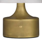 Close-up of a gold lamp base with a white shade on a white background