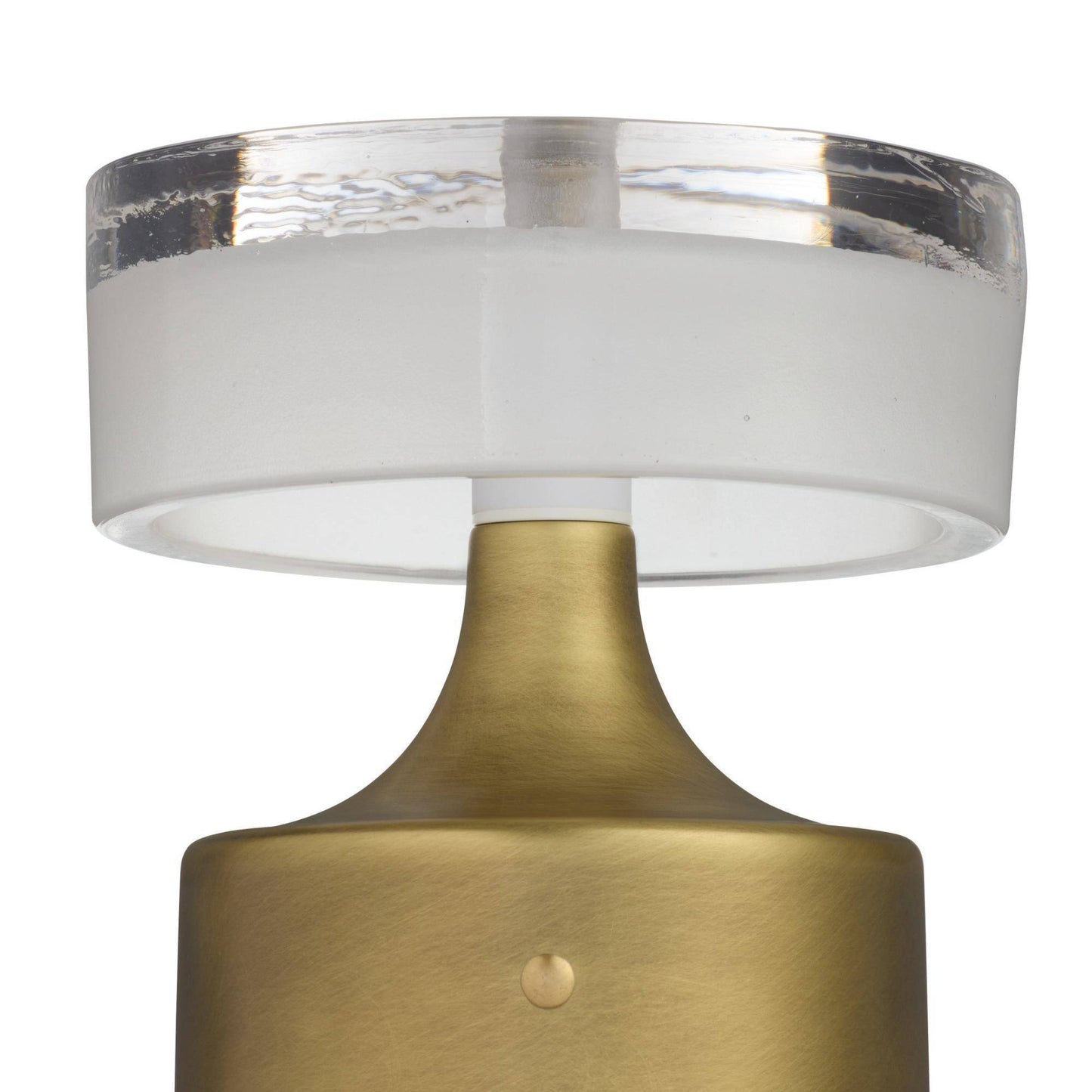 Decorative lamp with gold base and white shade on a white background