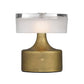 Table lamp with brass base and white shade on a white background