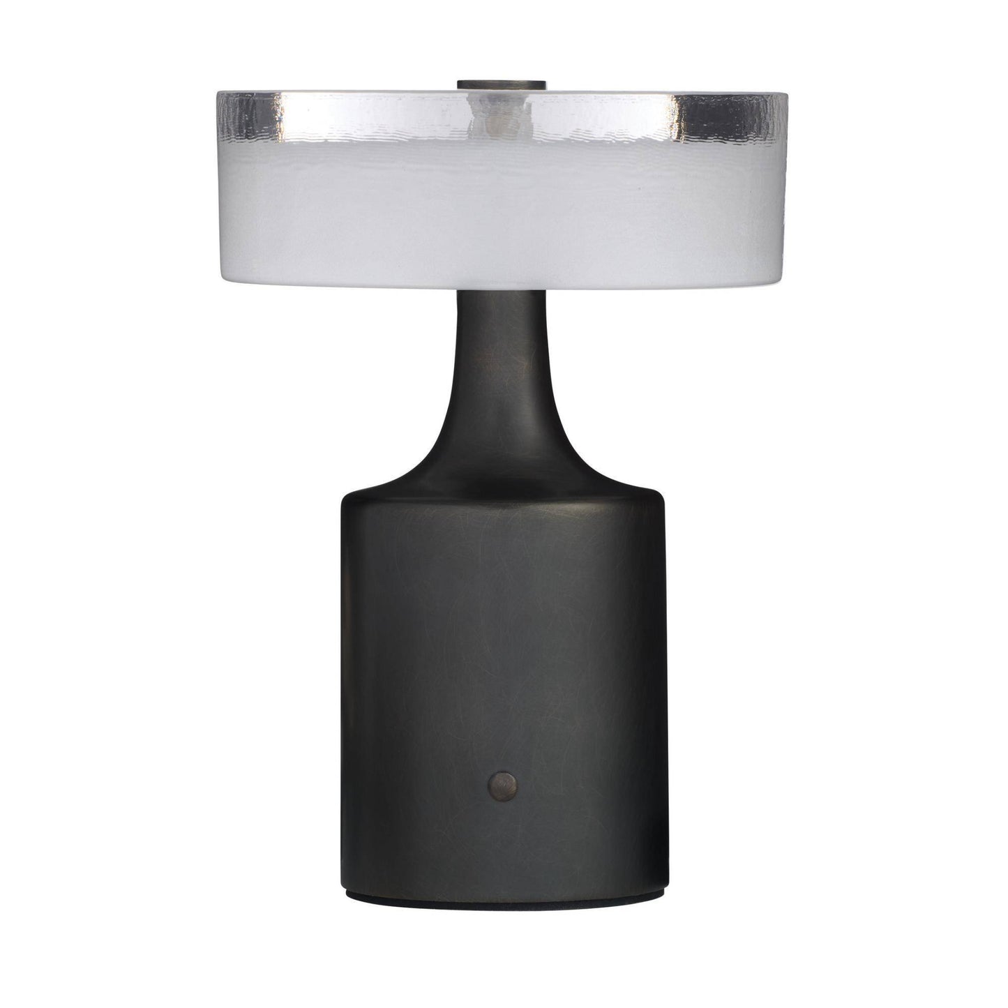 Table lamp with black base and white shade on a white background