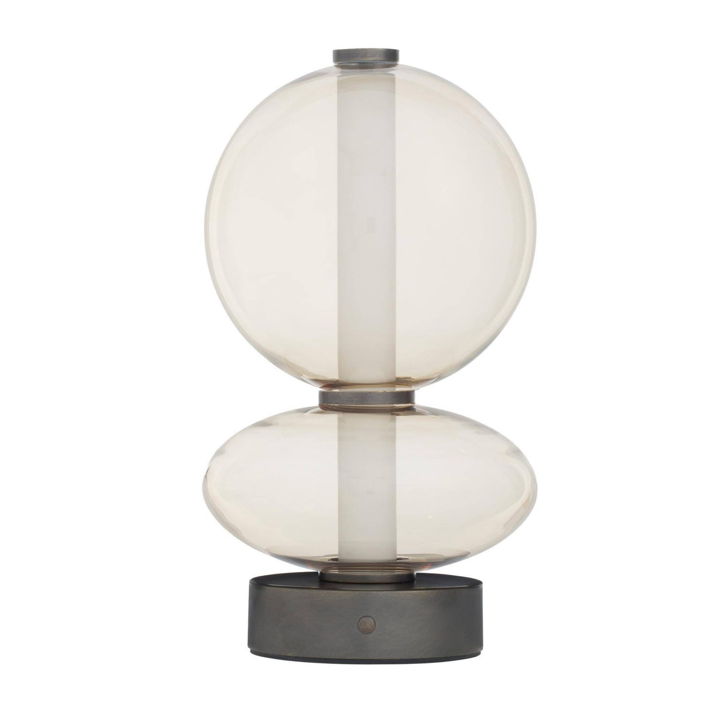 Modern table lamp with two spherical glass shades on a white background