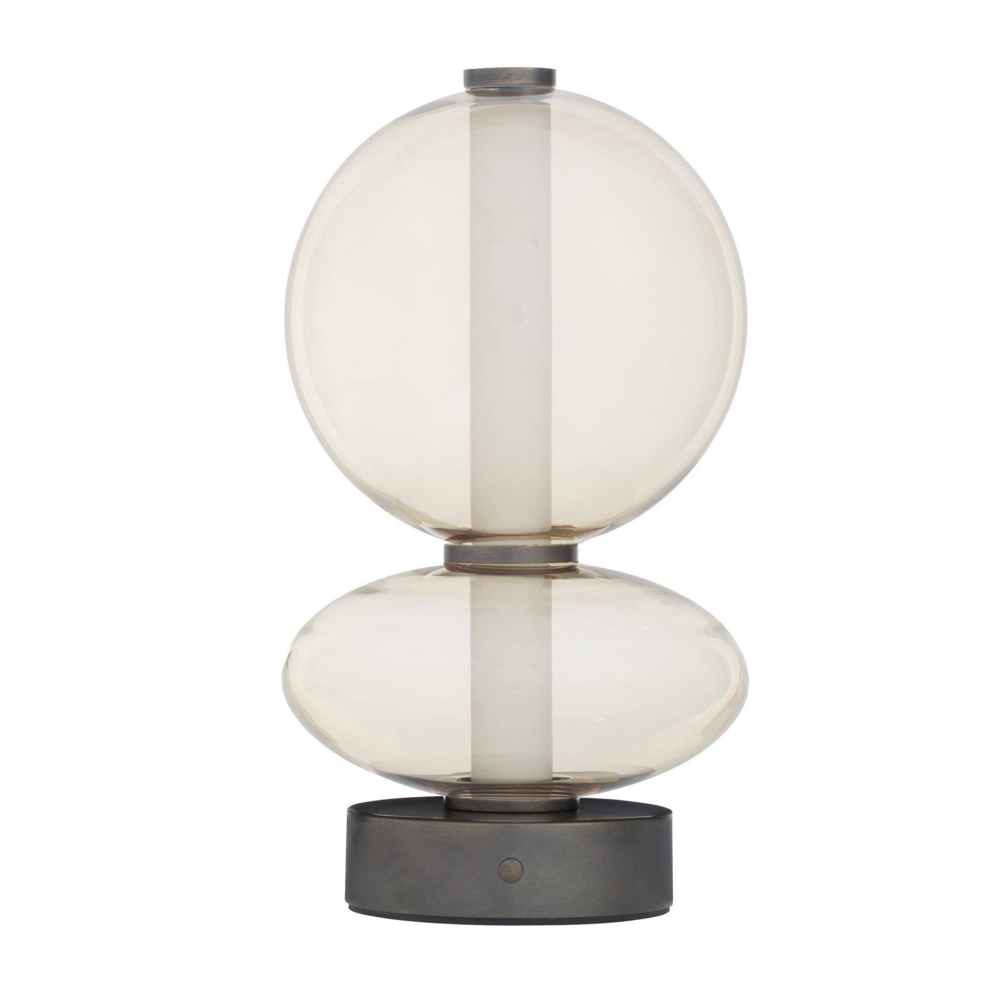 Modern table lamp with two spherical glass shades on a white background