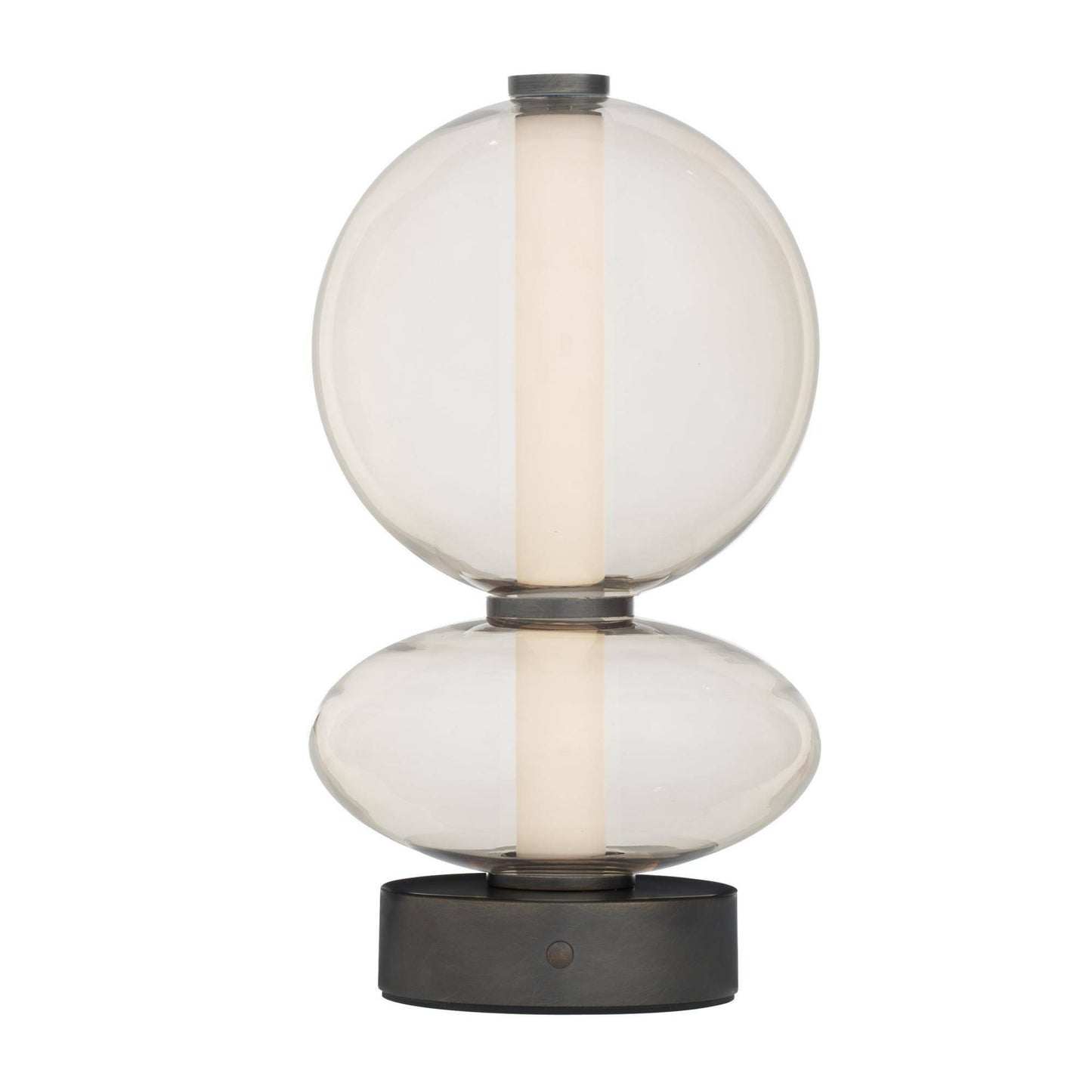 Modern table lamp with two spherical glass shades on a white background