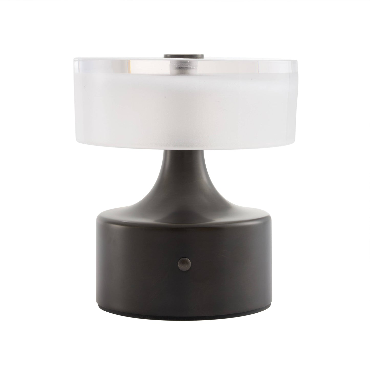 A modern table lamp with a matte black cylindrical base and a frosted white cylindrical shade, shown against a plain white background.