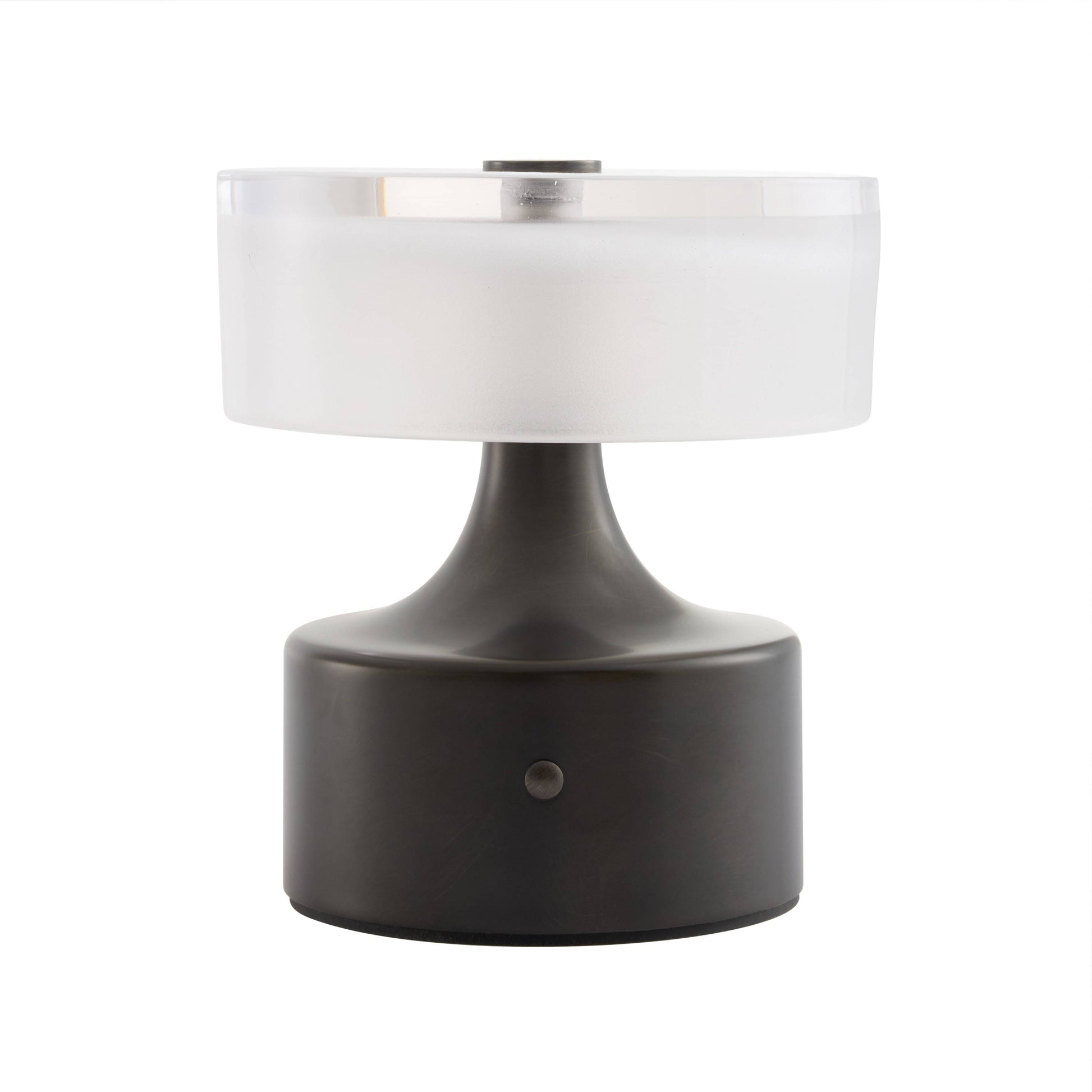 A modern table lamp with a matte black cylindrical base and a frosted white cylindrical shade, shown against a plain white background.