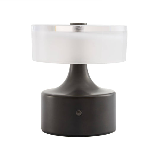 A modern table lamp with a matte black cylindrical base and a frosted white cylindrical shade, shown against a plain white background.
