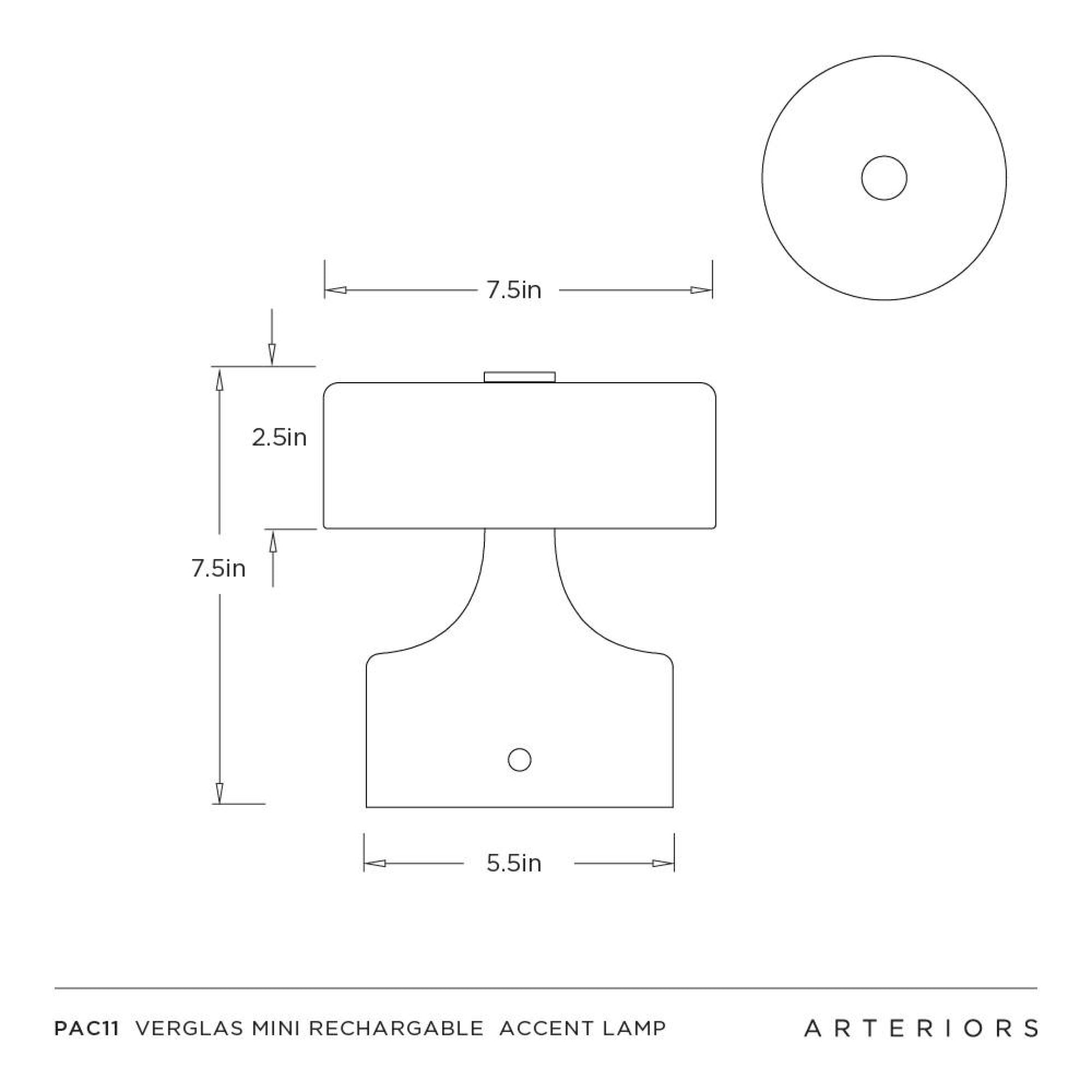 Technical drawing of a Verglas Mini Rechargeable Accent Lamp with dimensions on a white background.
