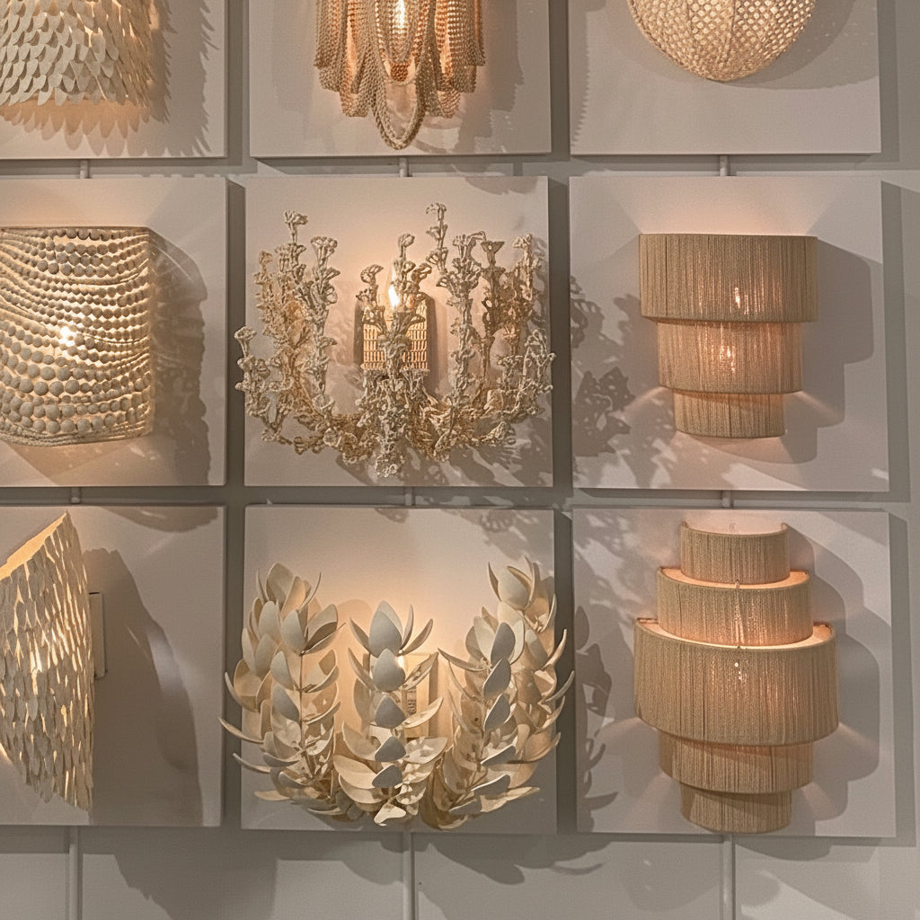 A gallery-style display of multiple decorative wall lights mounted on a white grid wall, including chandeliers, sconces, and textured lampshades in warm beige, gold, and cream tones.