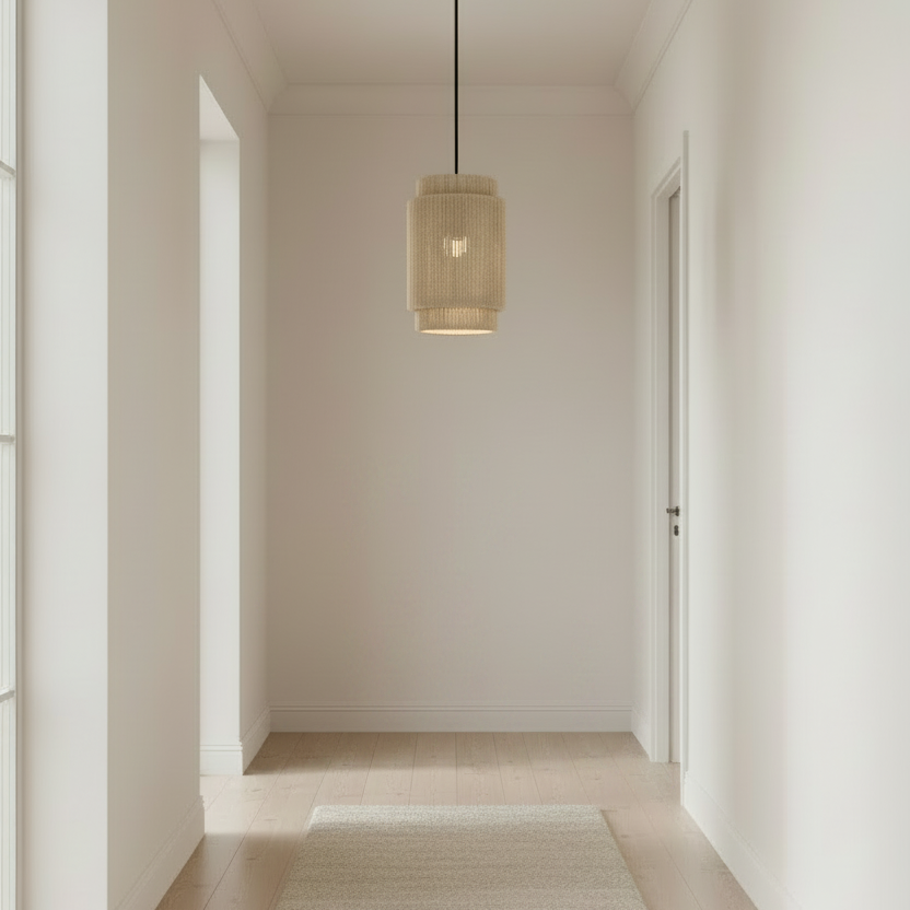 A modern hallway with light wood floors, a beige runner rug, and a woven cylindrical pendant light hanging from a black cord. The hallway features minimalist abstract wall art and a small wooden side table with a vase.