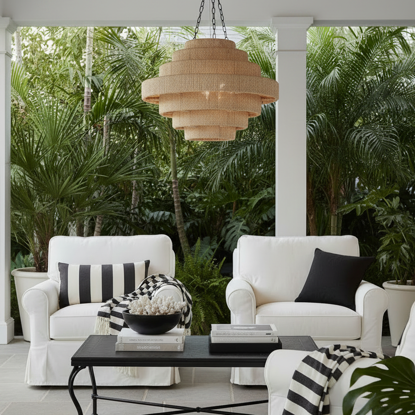 A modern tiered woven pendant light hangs in a bright, tropical-themed outdoor patio lounge area with white armchairs, a black coffee table, and lush green plants in the background.