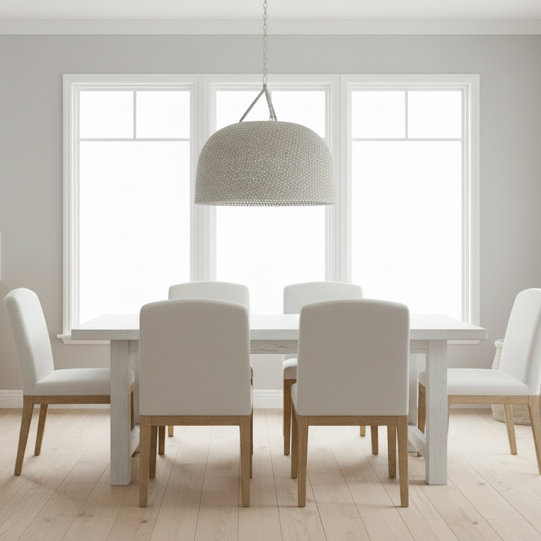 A modern dining room setup featuring a white rectangular table with light wood legs, surrounded by six white upholstered dining chairs with light wood legs. A large, woven dome-shaped pendant light hangs from a chain over the table.