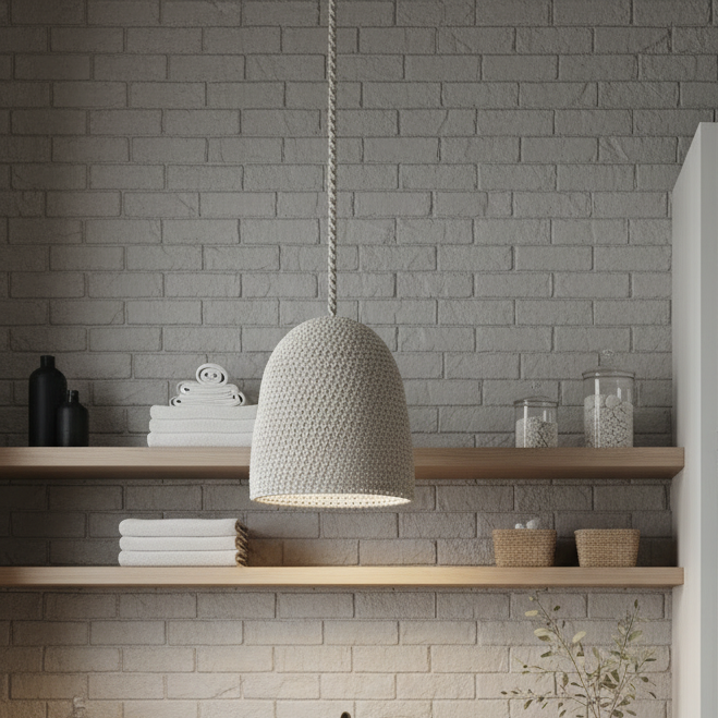 A woven pendant light with a textured, basketweave-like shade hangs from a rope cord in front of a gray brick wall with wooden floating shelves containing folded white towels and decorative jars.