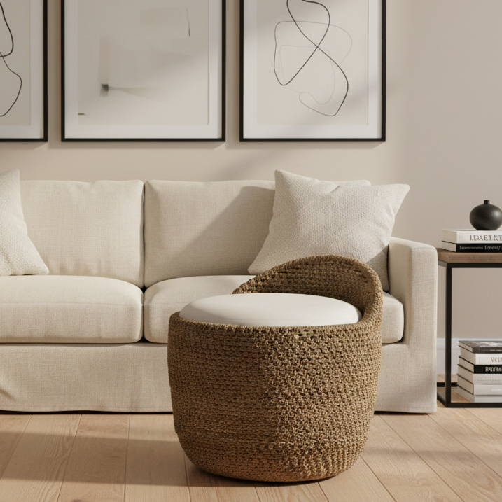 A round woven rattan ottoman with a white cushioned seat, styled in a modern living room setting in front of a cream-colored sofa.