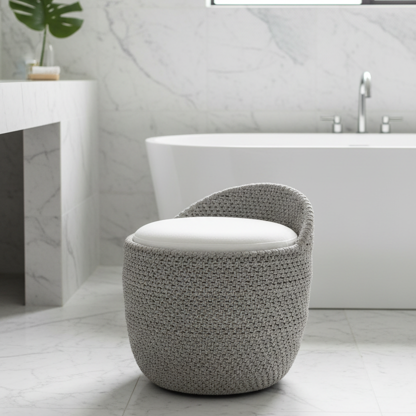 A round woven pouf stool with a white cushioned seat in a modern bathroom setting with a white freestanding bathtub and marble tiles.