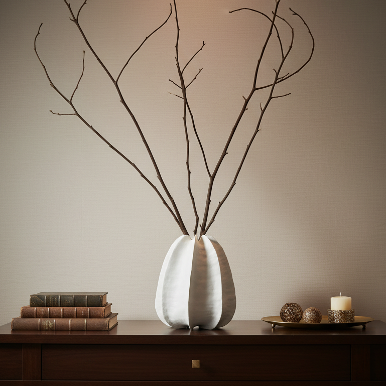 A white ribbed ceramic vase holding bare brown branches, displayed on a dark wooden console table against a warm beige wall, with stacked books and a small decorative tray nearby.