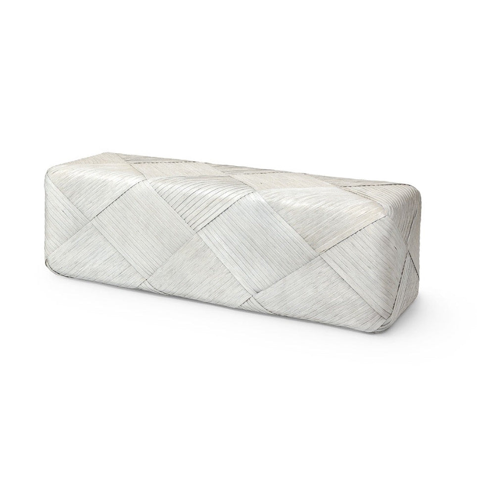 Rectangular quilted ottoman with a white and gray pattern on a white background