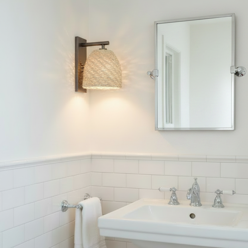 A modern wall-mounted sconce with a textured beige woven shade and dark metal frame, casting a warm glow above a white pedestal sink in a bathroom with white subway tile.