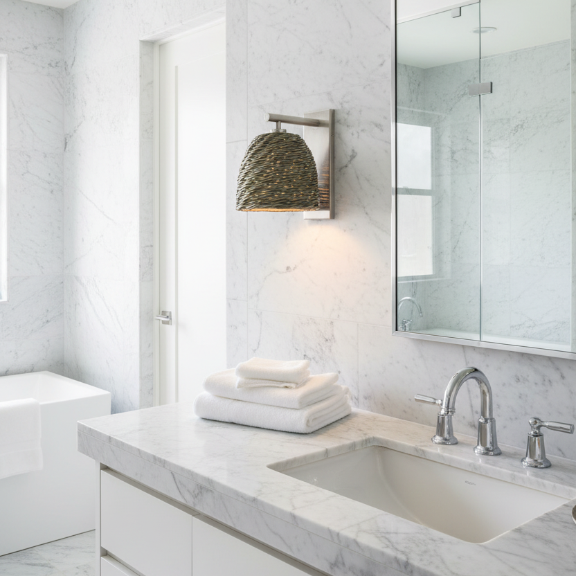 A modern bathroom vanity with a white marble countertop and sink, chrome faucet, folded white towels, a woven pendant wall sconce, and a large mirror reflecting a glass shower door.