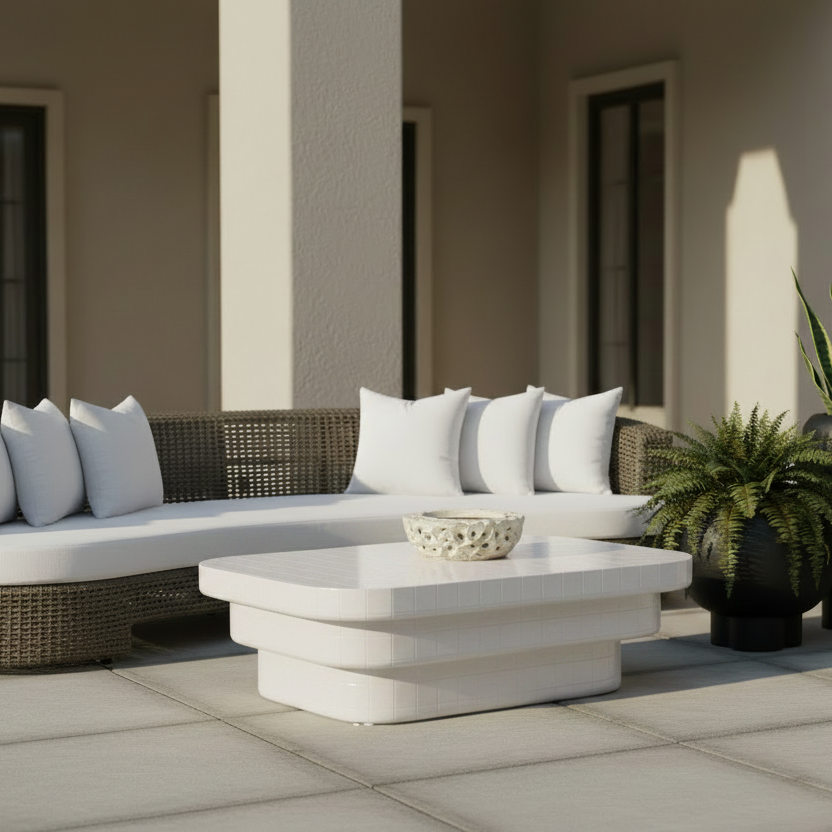 Outdoor patio furniture set featuring a curved wicker sofa with white cushions, a matching white coffee table, and several potted green plants against a beige building background.