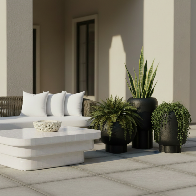 Outdoor patio furniture set featuring a curved wicker sofa with white cushions, a matching white coffee table, and several potted green plants against a beige building background.