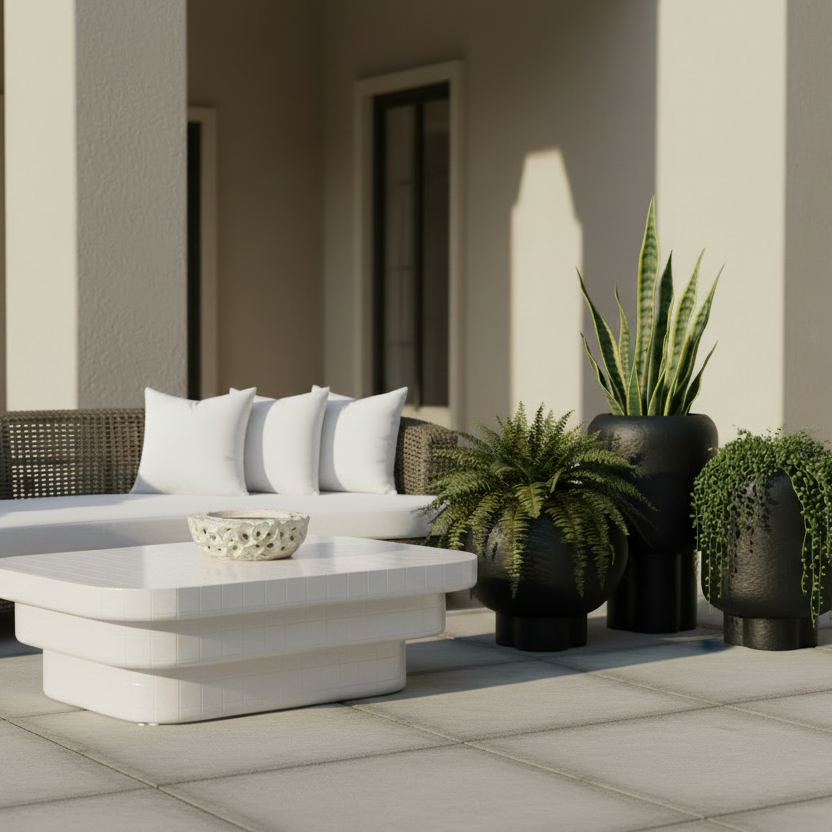 Outdoor patio furniture set featuring a curved wicker sofa with white cushions, a matching white coffee table, and several potted green plants against a beige building background.