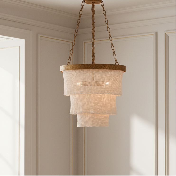 Vintage-style pendant light hanging in a room with neutral walls and a window.