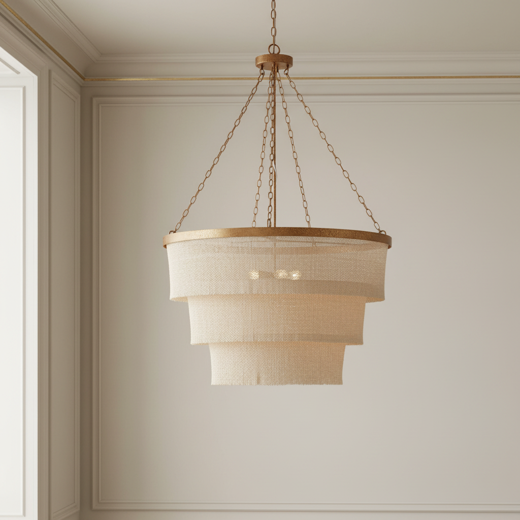 Chandelier hanging from the ceiling in a room with neutral walls.