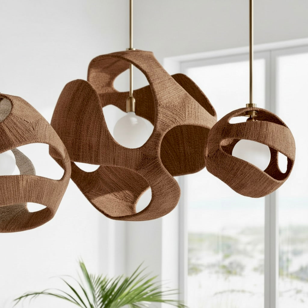 rope pendant lamp with a modern design in a room with a window and plant.