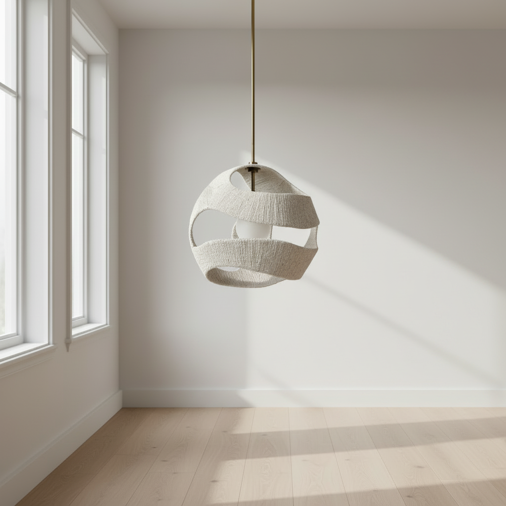 Modern pendant light hanging in a minimalistic room with large windows.
