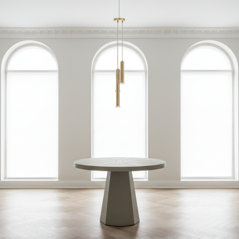Modern dining table in a room with arched windows and a chandelier.