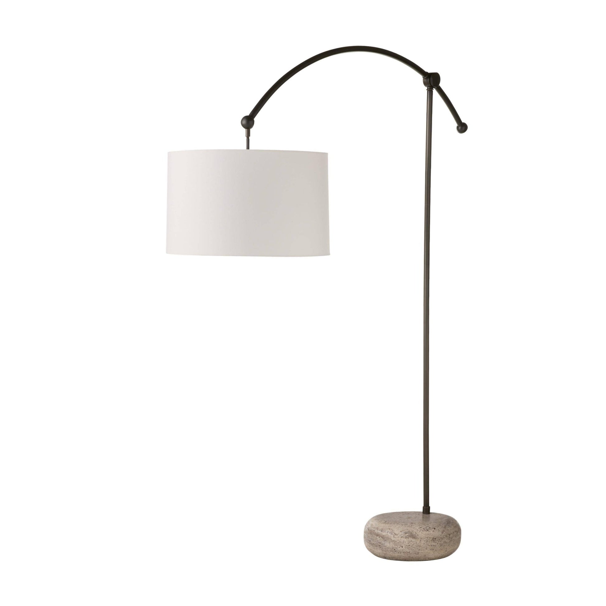 Floor lamp with a white shade and stone base on a white background