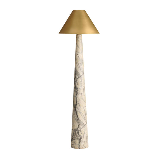 Floor lamp with marble base and gold shade on a white background
