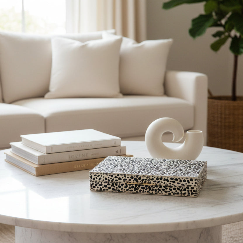 Pigeon and Poodle Bailey Game Cheetah Small Styled on a coffee table closed
