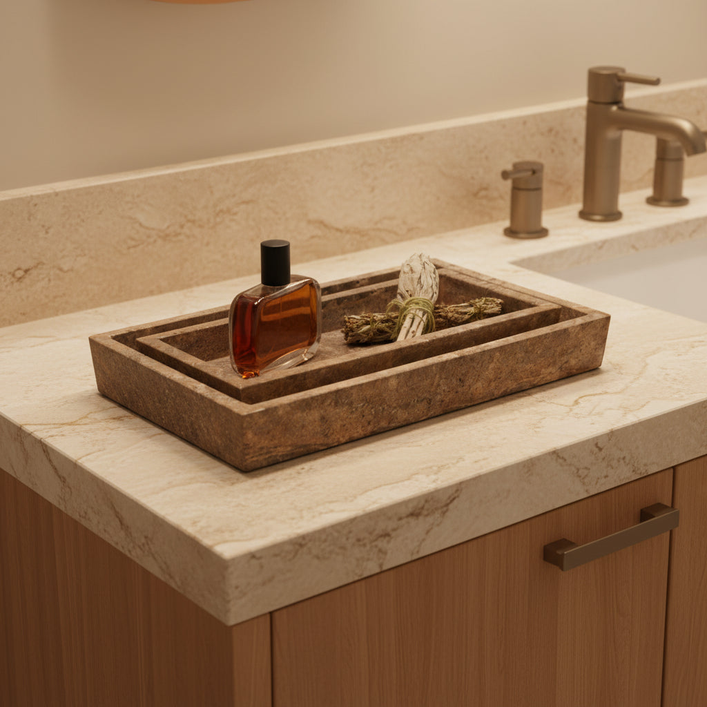 pigeon and poodle bowen tray set gray on a bathroom counter