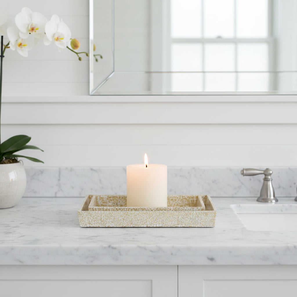 Rectangular mosaic tray with a decorative pattern on a modern bathroom counter