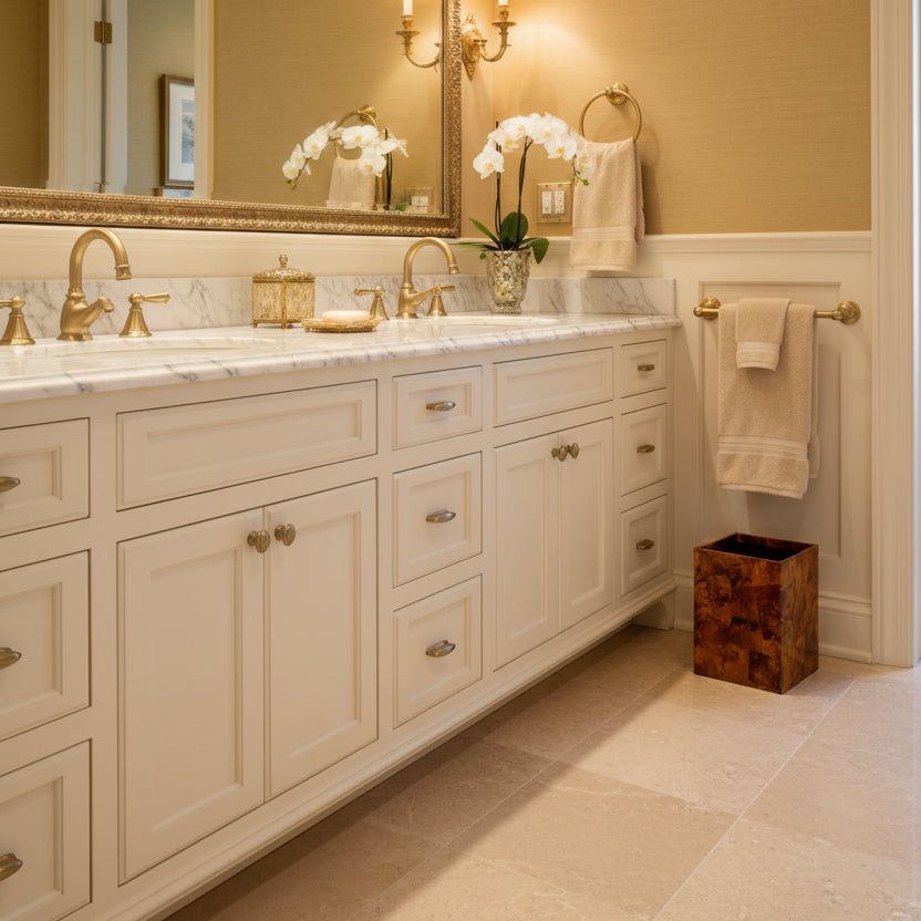 A rectangular open-top container with a glossy, patchwork-style amber and brown marbled finish, photographed in a clean white bathroom.