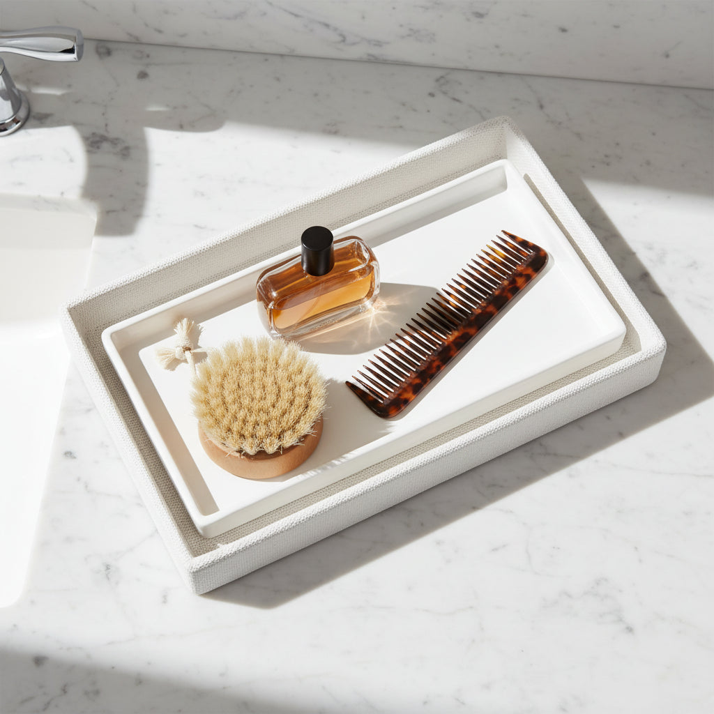 Bottle and brush on a white tray with a white background