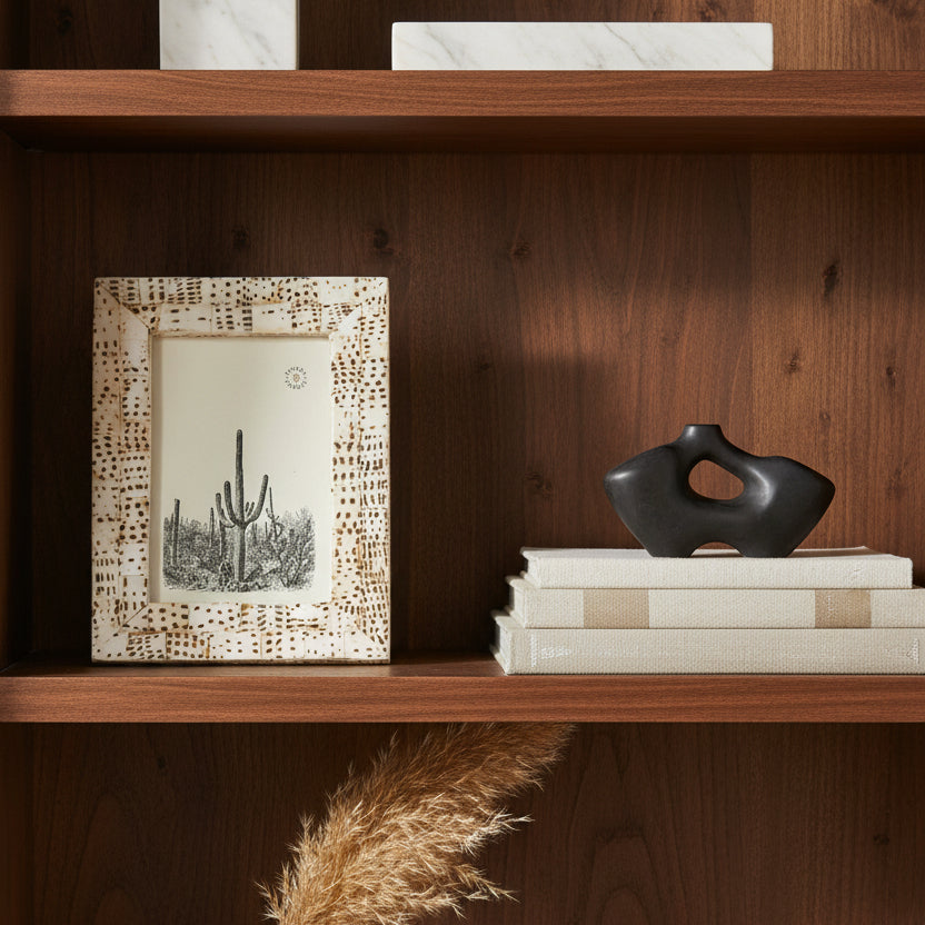 A rectangular picture frame with a textured, speckled cream and brown border, holding a small black and white illustration of a saguaro cactus. The frame is photographed against a solid, brown bookshelf