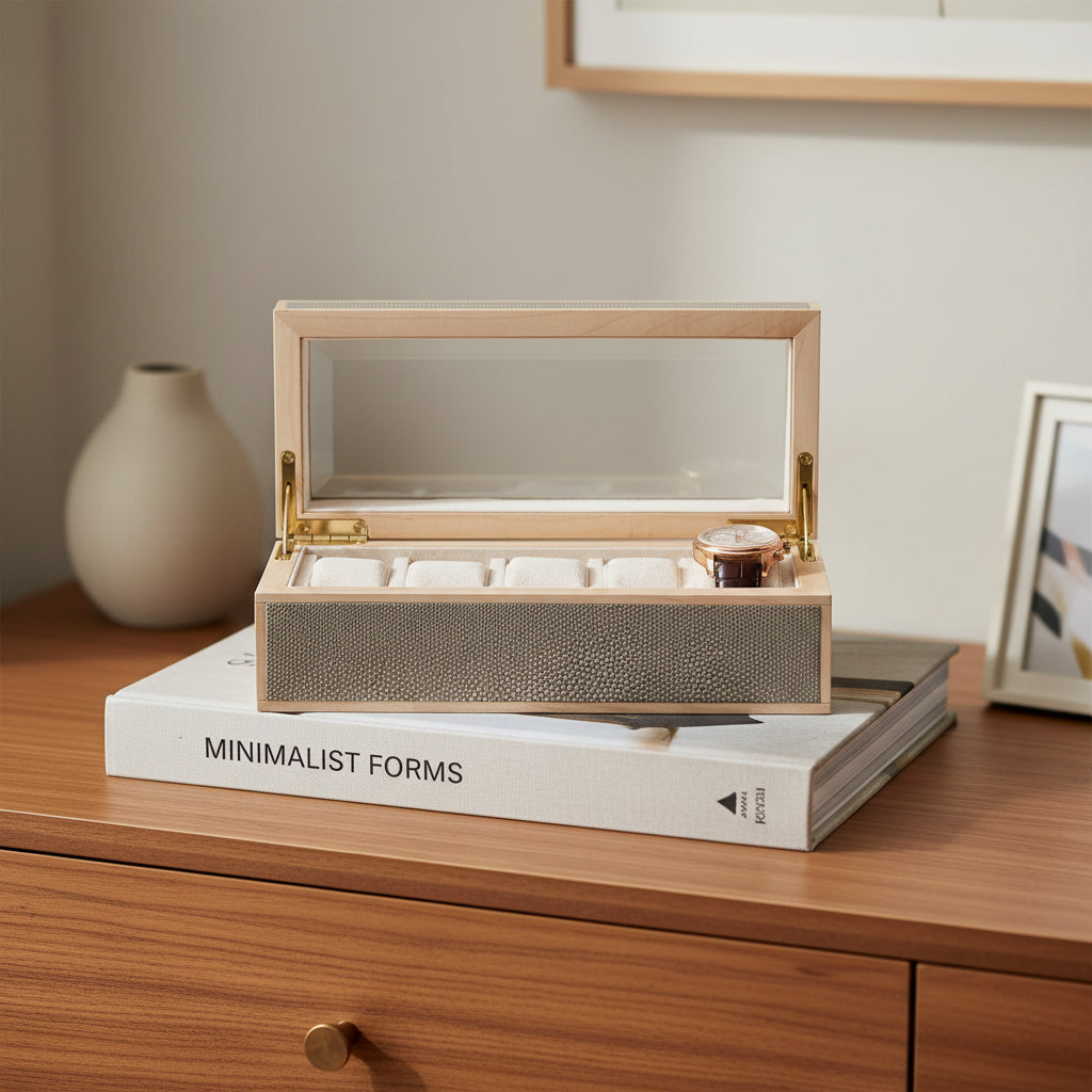 A luxury watch display box with a light wood frame, a clear glass lid, gold-tone hinges, and a textured gray shagreen front panel. Inside, the box features a cream-colored velvet lining with individual slots and a single gold watch with a dark brown leather strap is displayed on the center cushion.