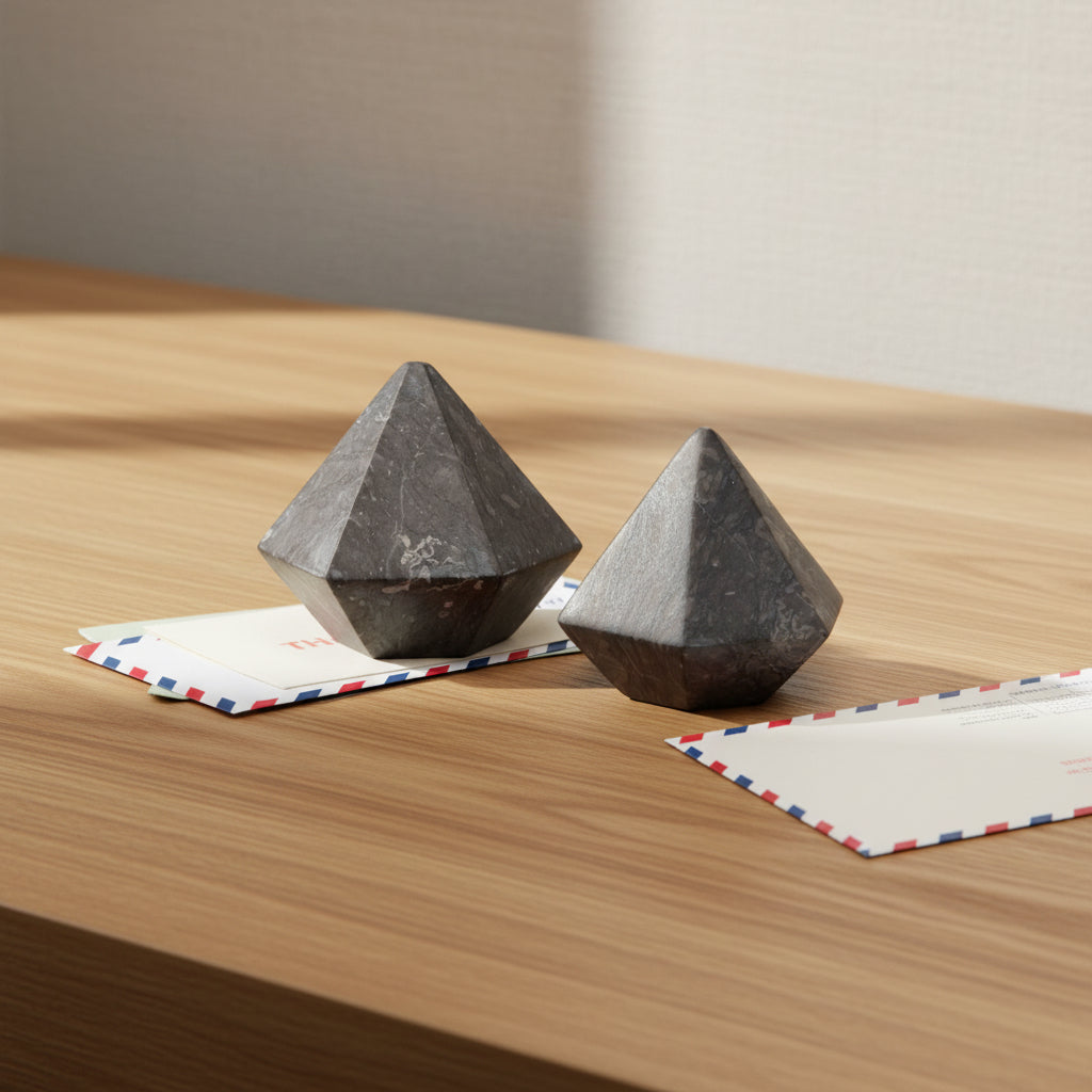 Two faceted dark gray stone geometric sculptures on a white background, with one placed on top of a red, white, and blue striped envelope.