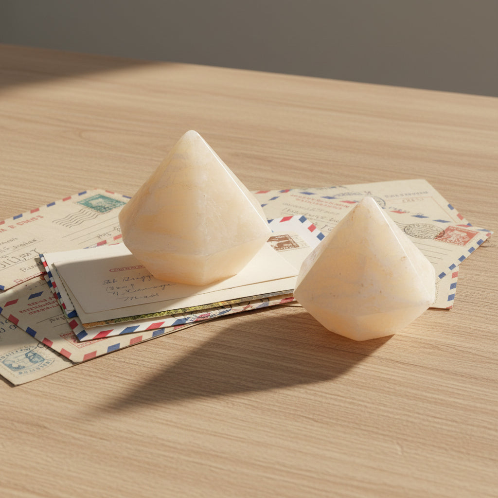 Two pale cream-colored faceted crystal-like ornaments displayed on top of vintage postcards against a clean white background.