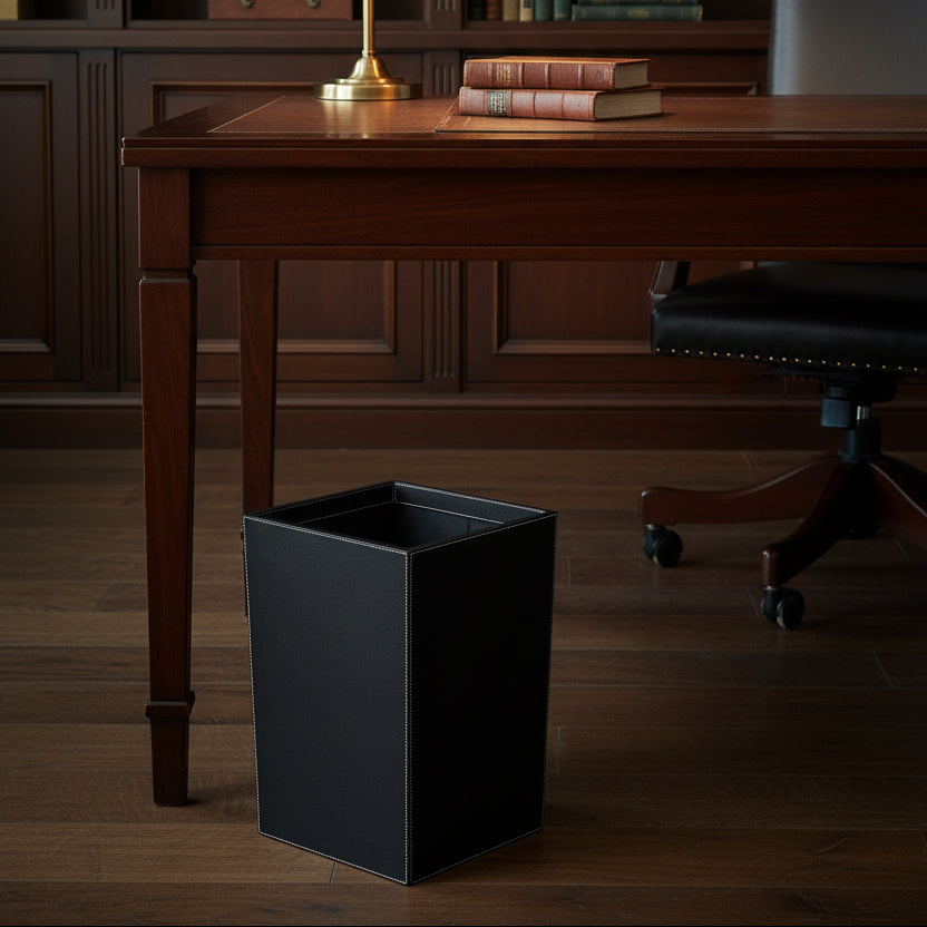 A black rectangular wastebasket or bin with a textured faux-leather finish and white contrast stitching along the edges, shown in a dark office