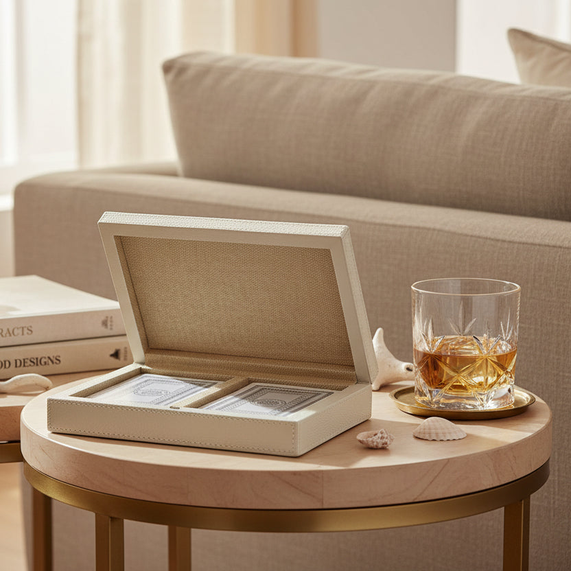 An open rectangular presentation box with a textured off-white exterior and a beige fabric-lined interior, holding two folded silver-gray cards on a light gray background.